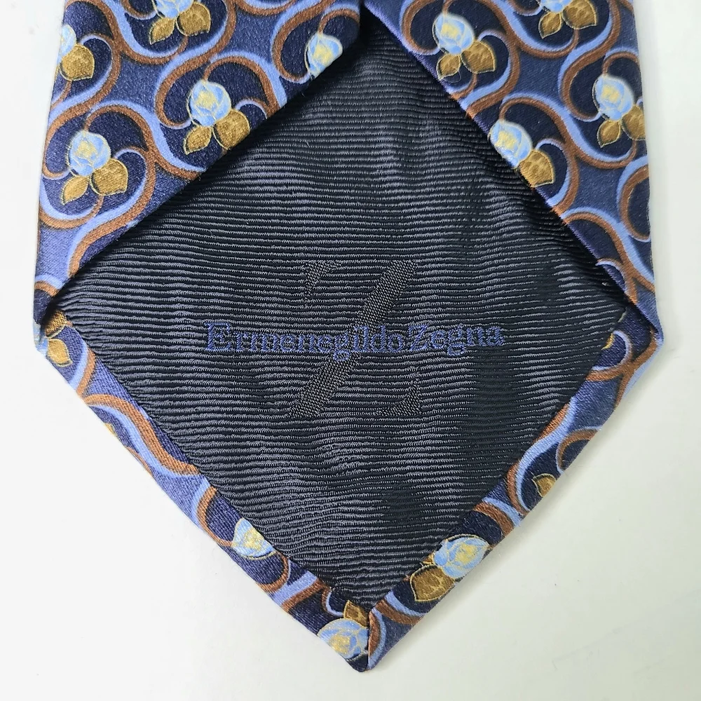 Ermenegildo Zegna Blue Gold Rose Floral Print Silk Tie